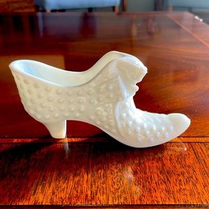 Fenton hobnail milk glass cat head slipper.